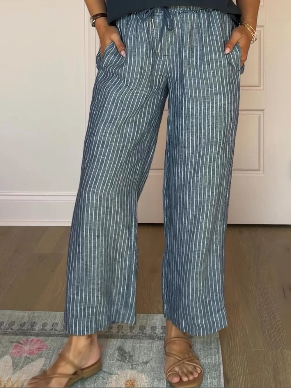 Quince Blue White Stripe Wide Leg Chambray Linen Pants Womens Large Pull On Crop